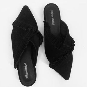 Jeffrey Campbell black ruffled suede slides